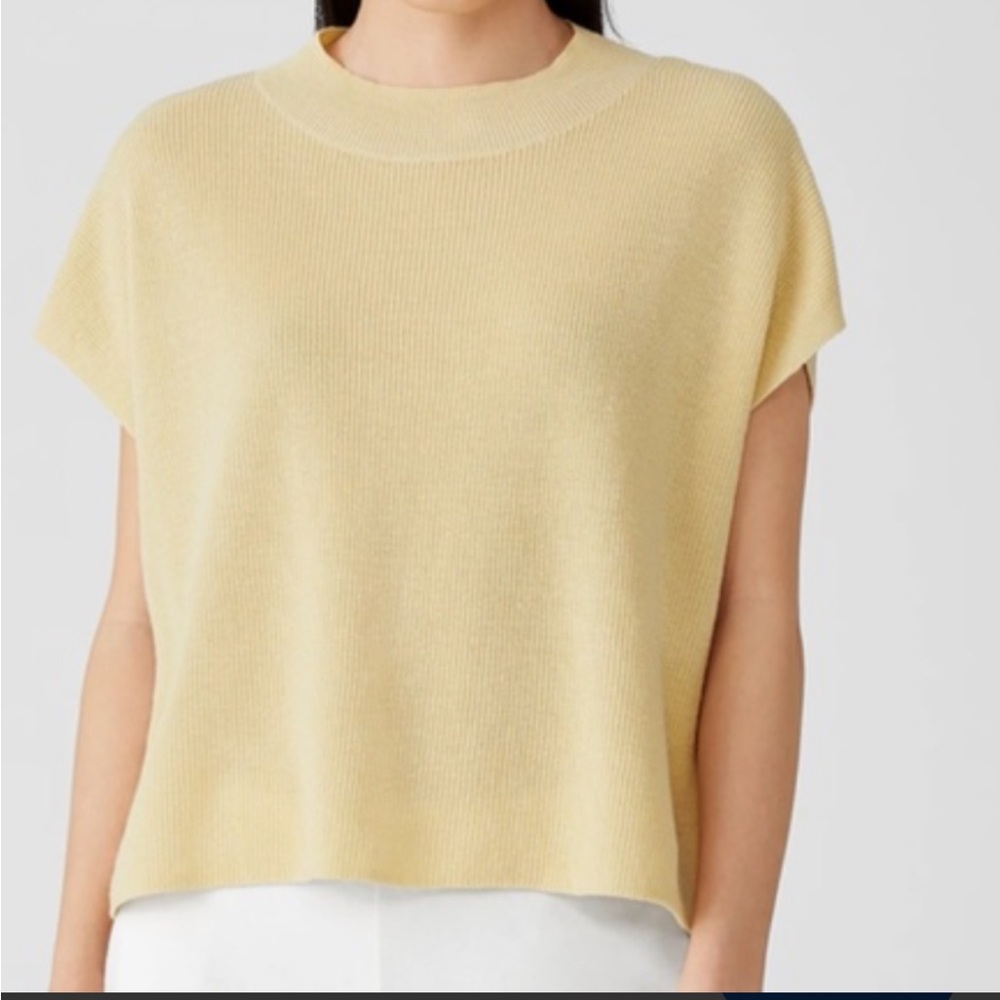 Eileen Fisher Top Womens Large Yellow Mock Neck Organic Linen Cotton Sqaure Boxy